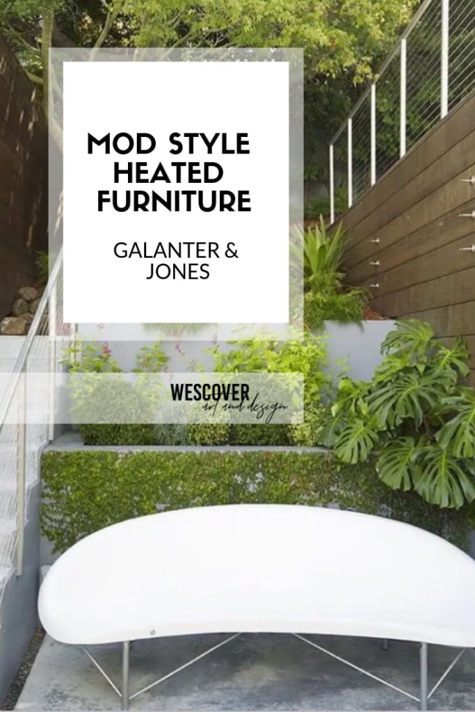 Mod style outdoor heated benches for patios by Galanter and Jones Heated Furniture.