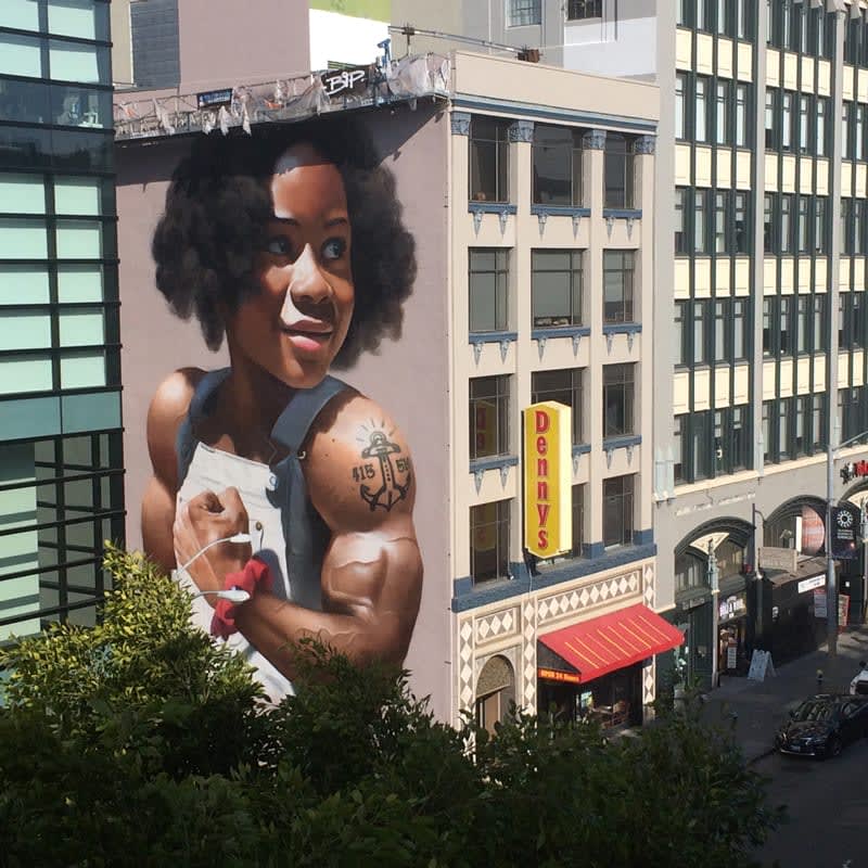 5-story public street grafitti mural on Mission Street and 4th street in San Francisco near the SFMoMA