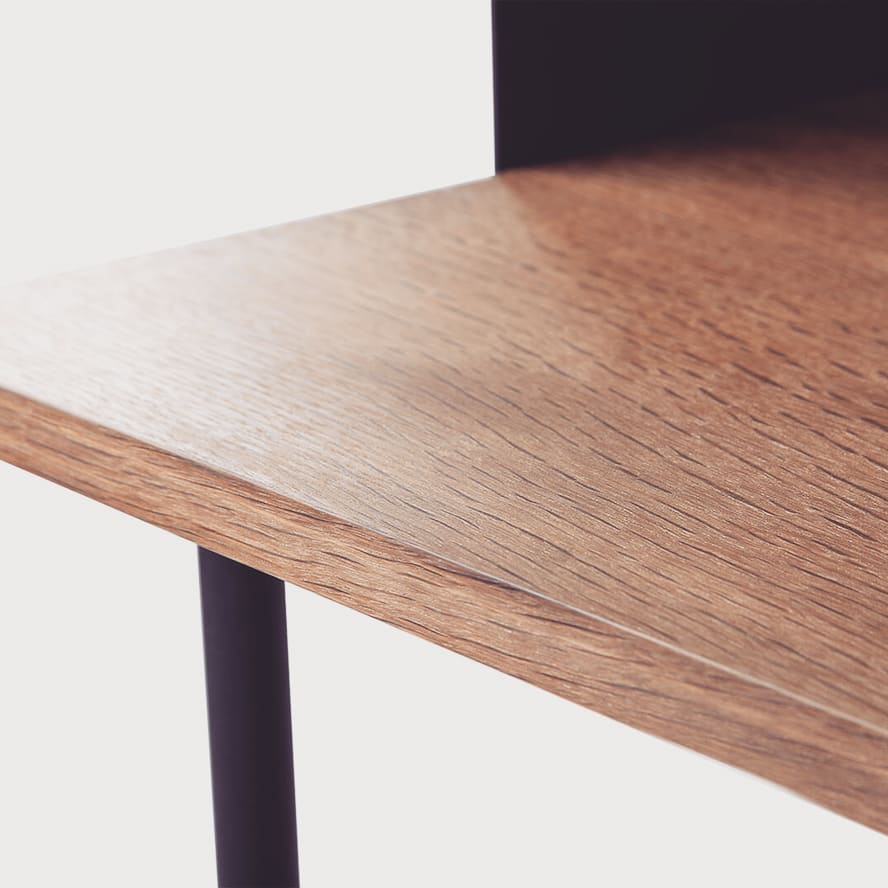 Minimalist art deco revival natural wood desk and shelf detail