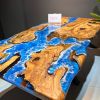 Live Edge Olive Wood Dining Table with Ocean Blue Resin | Tables by Ironscustomwood
