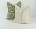 green floral block print pillow, green floral pillow, green | Pillows by Velvet Fringe