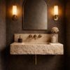 Floating Travertine Stone Sink with Backsplash | Custom Wall Mounted Vanity | Water Fixtures by Vero Marble