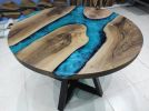 40" Walnut Diameter Round Turquoise White River Epoxy Table | Dining Table in Tables by LuxuryEpoxyFurniture. Item made of wood & synthetic