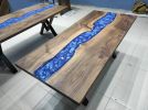 Dark Walnut Wood Metallic Blue River Epoxy Resin Dining | Dining Table in Tables by LuxuryEpoxyFurniture. Item made of wood with synthetic