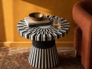 Black and White Bone Inlay Round Side Table, Striped Boho Accent Furniture | Tables by IKKAZA