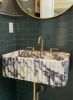Fluted Calacatta Viola Marble Sink, Rectangular Wall Mount Basin, Carved Natural Stone Vanity | Water Fixtures by AYMARBLEDESIGN LLC