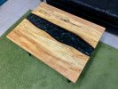 Live Edge Spalted Maple Resin River Coffee Table | Tables by Carlberg Design. Item made of maple wood with steel works with minimalism & modern style