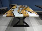 Live Edge Olive Wood Metallic White River Epoxy Table | Dining Table in Tables by LuxuryEpoxyFurniture. Item composed of wood and synthetic