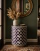 Handmade Bone Inlay Round Eclectic Nightstand, Purple Moroccan 3 Drawer Bedside Table | Storage by IKKAZA
