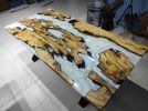 Live Edge Olive Wood Metallic White River Epoxy Table | Dining Table in Tables by LuxuryEpoxyFurniture. Item composed of wood and synthetic