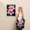 Tote Bag - Desire - Pink Lily Floral Realism on Black | Work by Eman's Gallery