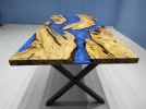 Custom Olive Wood Blue Epoxy Dining Table, Dining Room Table | Tables by LuxuryEpoxyFurniture. Item composed of wood & synthetic