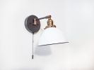Swing Arm Bedside Reading Wall Light - Brass and Gray Patina | Sconces by Retro Steam Works. Item composed of fabric and brass in mid century modern style