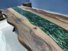 Live Edge Metallic Green  Walnut Tree Epoxy Resin Table | Dining Table in Tables by LuxuryEpoxyFurniture. Item composed of walnut and synthetic