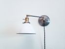 Swing Arm Bedside Reading Wall Light - Brass Patina & White | Sconces by Retro Steam Works. Item made of fabric & brass compatible with mid century modern style