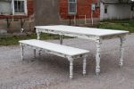 White Farmhouse Dining Table & Bench with Distressed Legs | Tables by Hazel Oak Farms. Item composed of wood