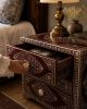 Burgundy Bedside Cabinet, Bone Inlay Nightstand, Maroon Floral Bedside Table, Boho Night Stand | Tables by IKKAZA