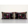 Pair Black Tashkent Velvet Suzani Floral Lumbar Pillow Case | Sham in Linens & Bedding by Vintage Pillows Store. Item made of cotton