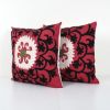 Suzani Red Bohemian Cushion Cover, Set of Two Embroidery Tri | Pillows by Vintage Pillows Store