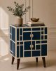 Navy Blue Bone Inlay Nightstand Chinoiserie Lattice Bedside Table with Drawers | Storage by IKKAZA