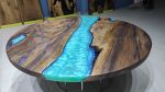 Custom Order Round Metallic Green Dark Walnut Wood | Dining Table in Tables by LuxuryEpoxyFurniture. Item made of wood with synthetic