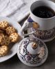 Elephant Mug with Lid & Saucer: Hand-Painted, Gold Accents | Drinkware by Artisan Homeware. Item made of ceramic