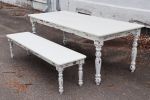 White Farmhouse Dining Table & Bench with Distressed Legs | Tables by Hazel Oak Farms. Item composed of wood
