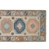 Traditional Oushak Rug Runner with Muted Soft Colors | Runner Rug in Rugs by Vintage Pillows Store. Item composed of cotton & fiber