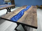 Dark Walnut Wood Metallic Blue River Epoxy Resin Dining | Dining Table in Tables by LuxuryEpoxyFurniture. Item made of wood with synthetic