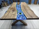 Live Edge Blue Ocean River Epoxy Dining Table - Living Room | Tables by LuxuryEpoxyFurniture. Item composed of wood and synthetic
