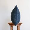 Blue Mixed Wool with Navy Leather Welt Lumbar Pillow 14x20 | Pillows by Vantage Design