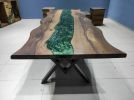 Live Edge Metallic Green  Walnut Tree Epoxy Resin Table | Dining Table in Tables by LuxuryEpoxyFurniture. Item composed of walnut and synthetic