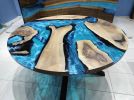 Custom 60" Diameter, Round Walnut Wood, Turquoise White | Dining Table in Tables by LuxuryEpoxyFurniture. Item composed of wood and synthetic