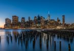 Brooklyn Bridge Park of Manhattan, NY At Dusk | Photography by Richard Silver Photo. Item composed of paper