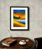 Day Blazed - Framed Original Oil Pastel Drawing - Tropical Sunset & Palm Tree | Drawings by Eman's Gallery