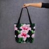 Tote Bag - Desire - Pink Lily Floral Realism on Black | Work by Eman's Gallery