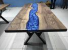 Dark Walnut Wood Metallic Blue River Epoxy Resin Dining | Dining Table in Tables by LuxuryEpoxyFurniture. Item made of wood with synthetic