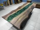 Live Edge Metallic Green  Walnut Tree Epoxy Resin Table | Dining Table in Tables by LuxuryEpoxyFurniture. Item composed of walnut and synthetic