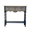Handcrafted Solid Wood Console Table | Blue Floral Textile Inlay, Gilded Bees, Arts & Crafts Style | Tables by Birds and Gardens Inc. Item made of wood works with boho & mid century modern style