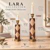 Handcrafted Oak Mahogany Candle Holders – Triangular Marquetry Gift Set (Holiday Edition) | Serving Tray in Serveware by Vesta Corte