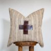 Tan "Jute" Stripes with Dark Chocolate Leather Cross Pillow 20x20 | Pillows by Vantage Design