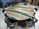 Custom Order Round Walnut Wood | Green Epoxy Dining Table | Tables by LuxuryEpoxyFurniture. Item made of wood & synthetic