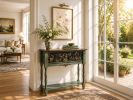 Narrow Wooden Console Table - Luxury Hand-Painted Green with Rabbit & Botanical Art | Tables by Birds and Gardens Inc. Item made of wood works with boho & mid century modern style