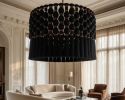 Black Tassel Chandelier, Large Boho Chandelier, Cotton Tassel Light Shade, Luxury Ceiling Light, | Macrame Wall Hanging in Wall Hangings by RavaTapestryArt