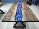 Dark Walnut Wood Metallic Blue River Epoxy Resin Dining | Dining Table in Tables by LuxuryEpoxyFurniture. Item made of wood with synthetic