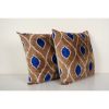Set Tan and Blue Silk Ikat Velvet Pillow, Handmade Gift | Cushion in Pillows by Vintage Pillows Store. Item made of cotton