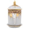 Elephant Mug with Lid & Saucer: Hand-Painted, Gold Accents | Drinkware by Artisan Homeware. Item made of ceramic