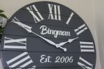 Large Customized Grey Wall Clock | Decorative Objects by Hazel Oak Farms. Item composed of wood