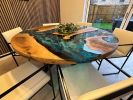 Custom Order Walnut Tree Diameter Round Turquoise White | Dining Table in Tables by LuxuryEpoxyFurniture. Item composed of wood and synthetic