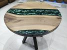 Custom 30" Diameter, Round Dark Walnut Wood, Metallic Green | Dining Table in Tables by LuxuryEpoxyFurniture. Item composed of wood and synthetic